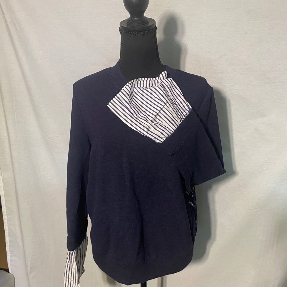Nordstrom Signature Navy Women's Sweater Striped Cuff Lace Back Size M MSRP$249